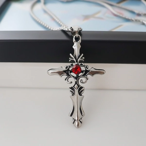 Gothic silver cross necklace with red gemstone pendant in polished stainless steel