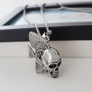Gothic fish bone skull pendant necklace in vintage silver finish for men