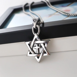Retro silver hexagram cross pendant necklace with sturdy link chain on minimalist frame
