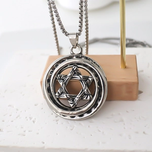 Vintage stainless steel compass and hexagram pendant necklace on a box chain