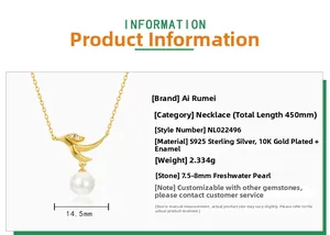 Macro view of S925 bird pearl pendant necklace showing detailed dimensions and specs
