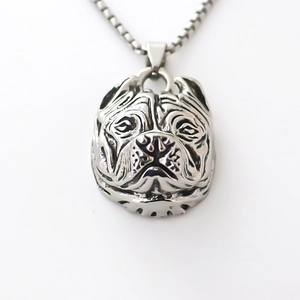 Retro bulldog head pendant necklace in polished silver steel for hip hop street style