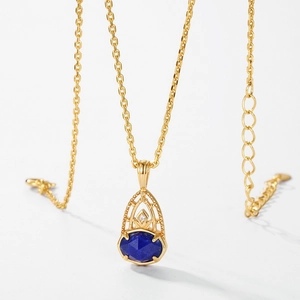 Vintage 925 Sterlingsilber Gold Vergoldet Lapislazuli Anhänger Halskette Für Damen Wald Stil Hohl Geometrisch Strass Schmuck