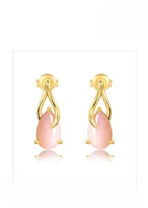 Close-up of teardrop-shaped pink opal stud earrings set in 925 sterling silver gilt