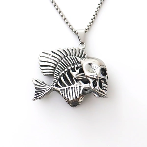 Gothic fish bone skeleton pendant necklace with silver box chain for men fashion
