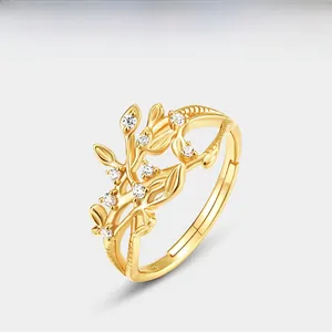 Close-up of S925 sterling silver gold leaf ring with sparkling cubic zirconia stones