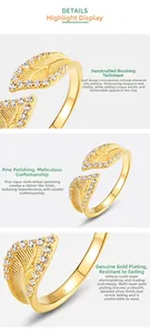 Detailed macro view of S925 silver leaf ring with brushed gold texture and diamonds