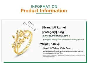 Detail specifications of 10K gold plated S925 silver leaf ring with white cubic zirconia