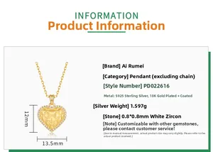 Détails du pendentif coeur en argent S925 plaqué or 10K et dimensions 12x13,5 mm