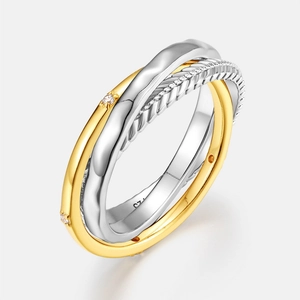 Three-in-one S925 silver tricolor twisted ring set with pavé cubic zirconia