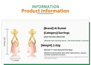 Detailed view of pear-shaped pink opal earrings in gold plated 925 silver with 7x11mm stones