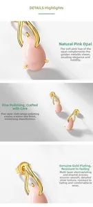 Macro detail of tear-drop pink opal earrings in gold-plated S925 sterling silver