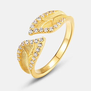 Vintage brushed gold leaf open ring in S925 sterling silver with sparkling zircon pavé