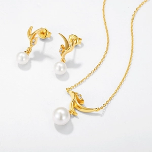 Elegant S925 silver gold twig necklace and earring set with white pearls and diamonds