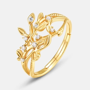 Elegant 18k gold plated S925 silver ring featuring hollow leaf vine and zircon stones