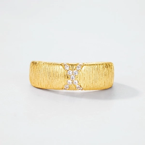 Brushed gold S925 sterling silver wide ring with X-shaped diamond accents and matte finish