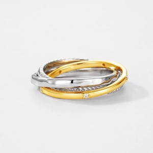 Interlocked S925 silver rings with golden crystal band and twisted texture design