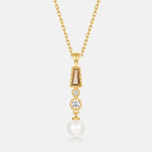 Elegante collar de plata S925 con piedra de cuarzo ahumado y colgante de perla de agua dulce