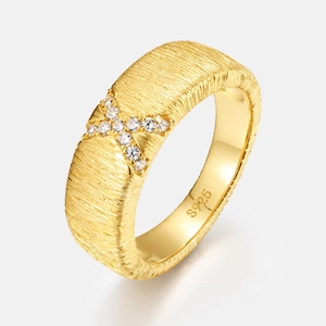 Luxurious S925 sterling silver gold plated brushed ring with X-shape zircon inlay