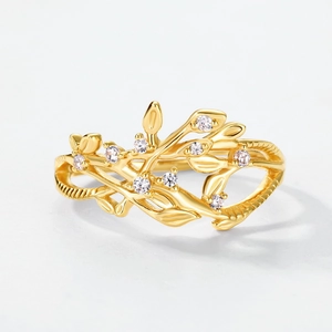 Minimalist S925 silver gold-plated vine leaf ring with sparkling white zircons