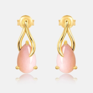 Detailed view of pink opal teardrop earrings in 925 sterling silver with gold plating