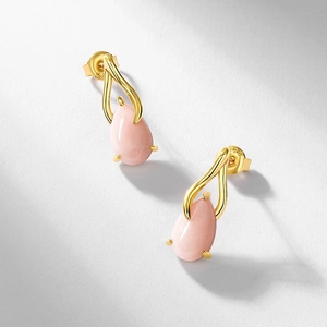 925 silver gold plated earrings featuring natural pink opal in teardrop shape