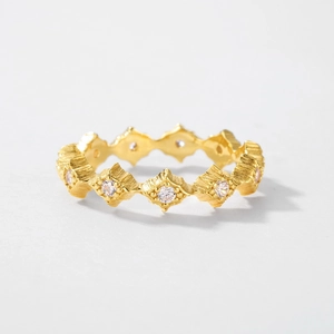 Elegant geometric gold diamond-set ring with vintage brushed texture and rhone accents
