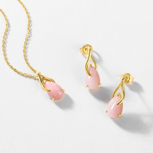 Pink opal teardrop jewelry set in gold-plated S925 silver with necklace and stud earrings