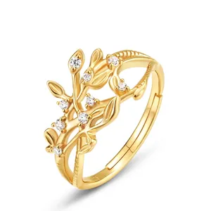 925 Sterling Silver Leaf Vine Adjustable Open Ring For Women Hollow Out Rhinestone Gold Plated Fashion Finger Jewelry