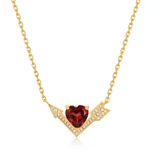 925 Sterling Silver Heart Garnet Cupid Arrow Necklace French Style Gold Plated Rhinestone Pave Pendant Necklace For Women Jewelry