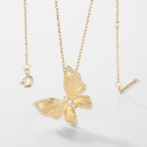 Vintage brushed gold butterfly pendant necklace in S925 sterling silver with zircon accents