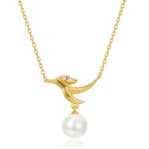 Elegant 925 Sterling Silver Freshwater Pearl Bird Branch Pendant Necklace For Women Gold Plated Rhinestone Leaf Jewelry