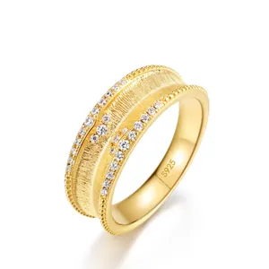Bague en Argent Sterling S925 Plaqué Or Brossé Artisanat Italien Femme Vintage Zirconia Incrusté Large Bande Bijoux Cadeau