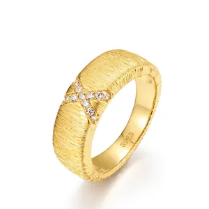 Vintage Italian Style S925 Sterling Silver Gold Plated Brushed Ring For Women X Shape Inlaid Zirconia Finger Jewelry