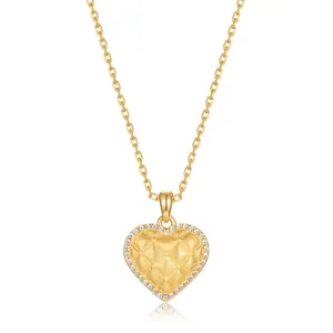 Collier Pendentif Cœur en Argent Sterling 925 pour Femme Incrusté de Zirconia Texture Matelassée Brossée Bijoux de Chaîne de Clavicule Vintage de Luxe