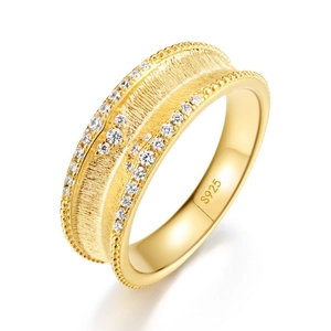 Bague large bohème en argent S925 brossé avec deux rangées de zircons scintillants