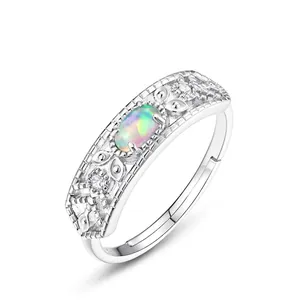 Vintage 925 Sterling Silver Adjustable Ring For Women Synthetic Opal Oval Stone Rhinestone Hollow Out Fashion Jewelry Ring