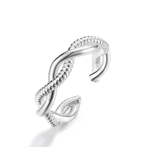 Minimalistischer 925 Sterlingsilber Wellenlinien Ring Eleganter Verflochtener Gedrehter Verstellbarer Offener Ring Für Damen