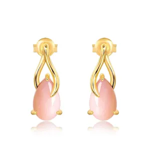 Elegant Water Drop Pink Opal Stud Earrings 925 Sterling Silver Earring Post Gold Plated Simple Jewelry For Women Dating