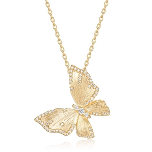 Vintage brushed gold butterfly necklace with zircon stones on a classic cross chain