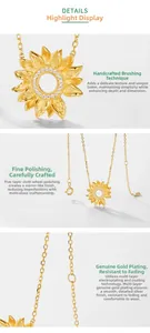 Dettaglio collana girasole con petali oro spazzolato e cuore in micro zirconi