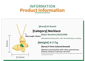 Spécifications de taille du collier papillon avec émeraude 3x5mm et argent S925 plaqué or