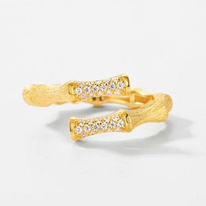 Bamboo style brushed S925 silver open ring with sparkling pavé cubic zirconia accents