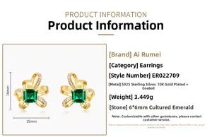 Detail view of square-cut emerald stud earrings with S925 silver and 10K gold plating