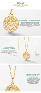 Detail view of gold-plated leaf pendant with fine hollow engraving and polished finish