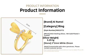 Detailed specs of golden S925 silver dragonfly ring with white zircon and 10K gold plating