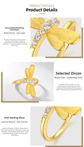 Detail of S925 silver dragonfly ring with handcrafted brushed gold finish and zircons