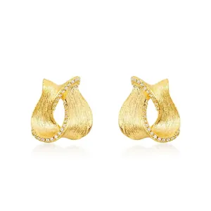Vintage S925 Sterling Silver Gold Plated Brushed Ribbon Stud Earrings With Zirconia Minimalist Jewelry Gift For Women