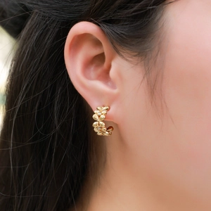 Retro S925 silver flower C-shape earrings with gold brushed finish and zircon inlays