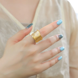Irregular textured gold S925 sterling silver ring with handmade brushed finish for women